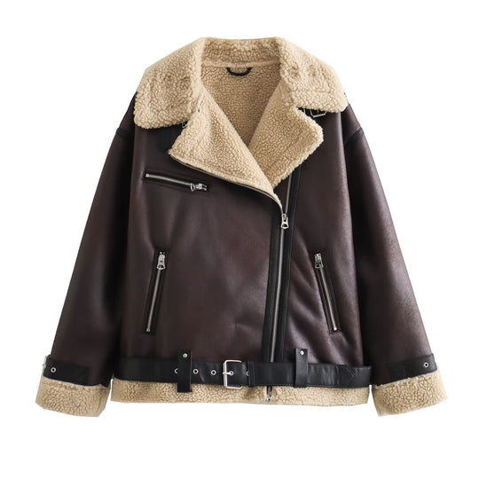 Damen Fliegerjacke im Bikerstil mit Teddyfutter, Kunstlederbesatz und Taillengürtel Nord Taschen