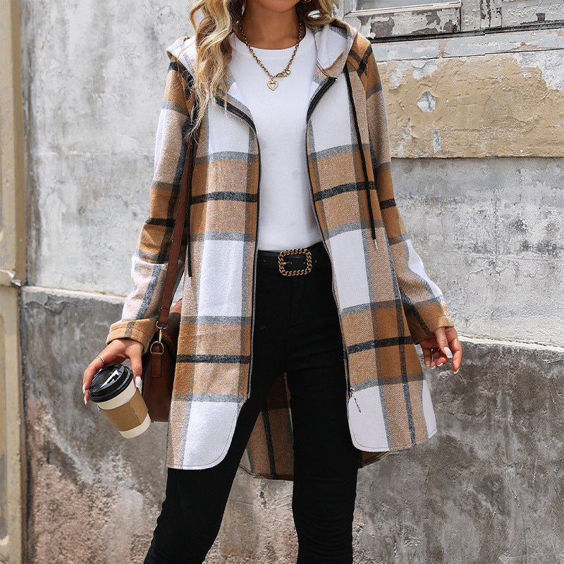 Damen Lange Kapuzen‑Strickjacke mit Karomuster, Reißverschluss & Eingrifftaschen Nord Taschen
