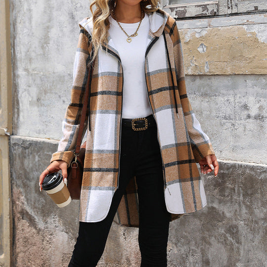 Damen Lange Kapuzen‑Strickjacke mit Karomuster, Reißverschluss & Eingrifftaschen Nord Taschen