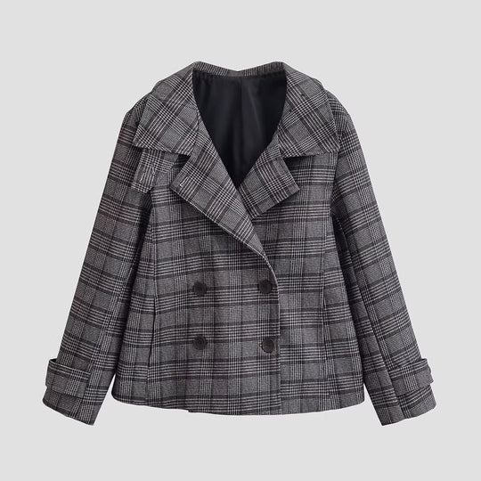 Damen Cropped Doppelreiher-Blazer im Glencheck mit oversized Revers und Umschlagärmeln Nord Taschen