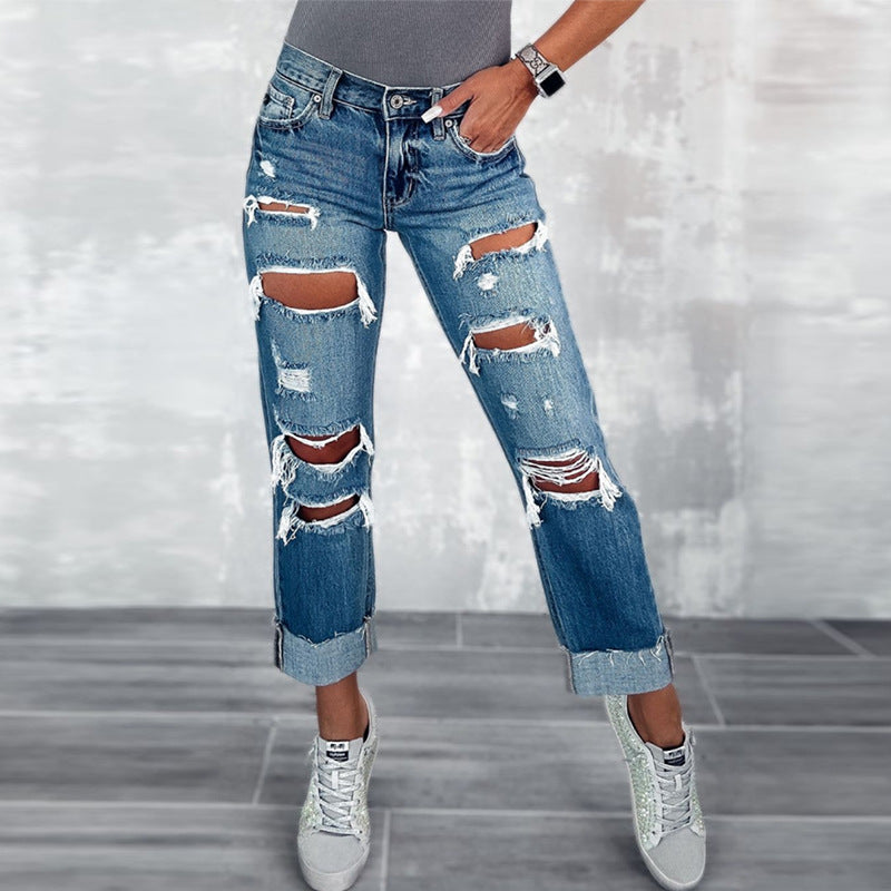 Damen Ripped Boyfriend Jeans im angesagten Vintage-Look mit weitem Bein