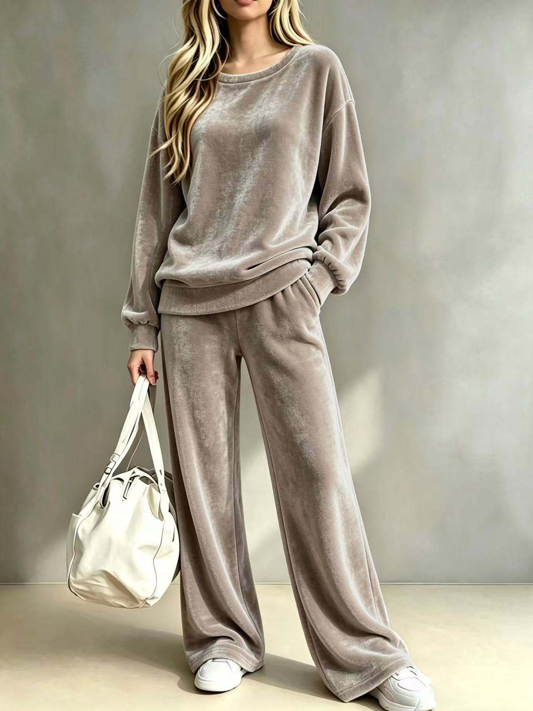 Damen Weiches Velours-Loungewear-Set mit weitem Bein und Rundhalsausschnitt Nord Taschen