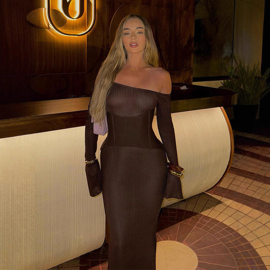 Damen One-Shoulder Maxikleid mit formendem Korsettbund und Rippstrick Nord Taschen