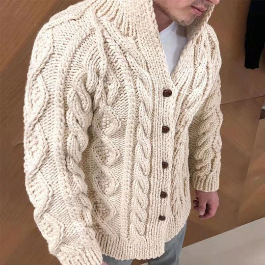 Herren Grober Zopfstrick-Cardigan mit hohem Stehkragen und Hornknöpfen Nord Taschen