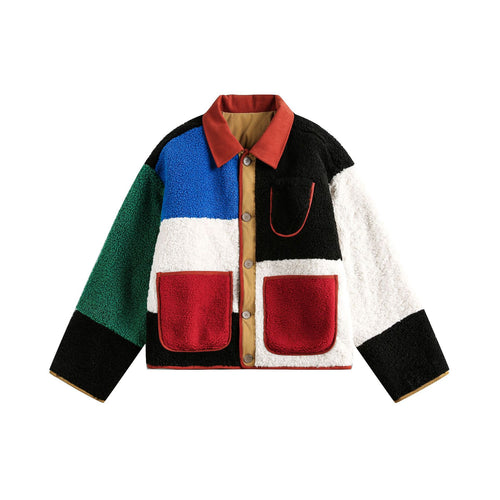 Unisex Boxy Patchwork Sherpa-Fleecejacke mit Cordkragen und aufgesetzten Taschen Nord Taschen