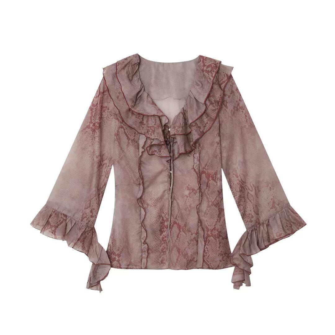 Damen Chiffonbluse mit Rüschenkragen, Volantärmeln und dekorativer Schnürung Nord Taschen