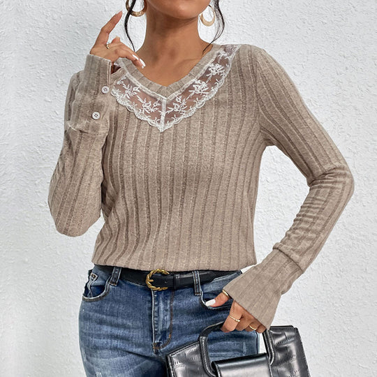Damen Geripptes Feinstrick-Longsleeve mit V‑Ausschnitt und Spitzenpasse Nord Taschen