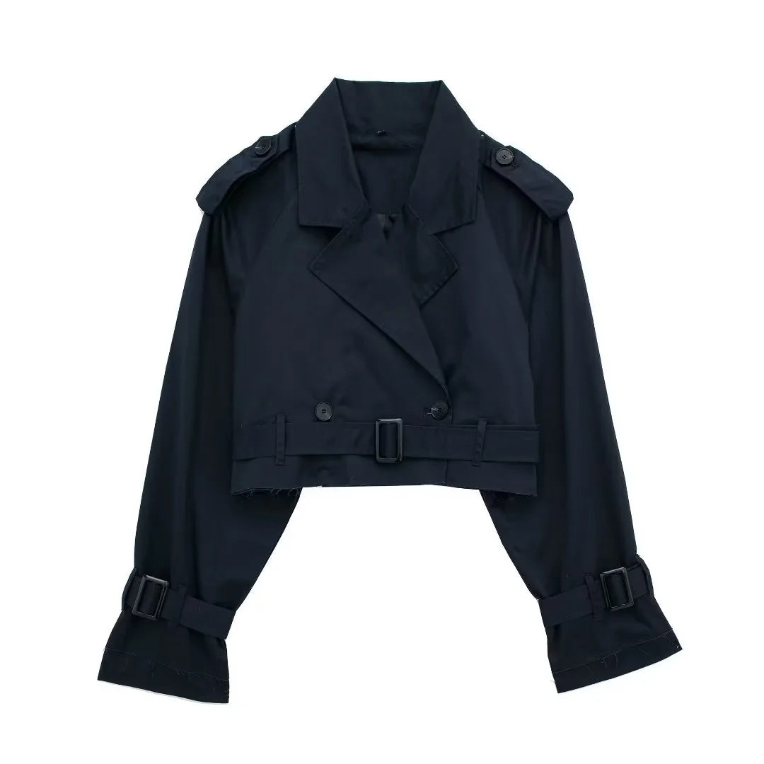Damen kurzgeschnittene Trenchjacke mit Epauletten, Taillengürtel und verstellbaren Manschetten Nord Taschen