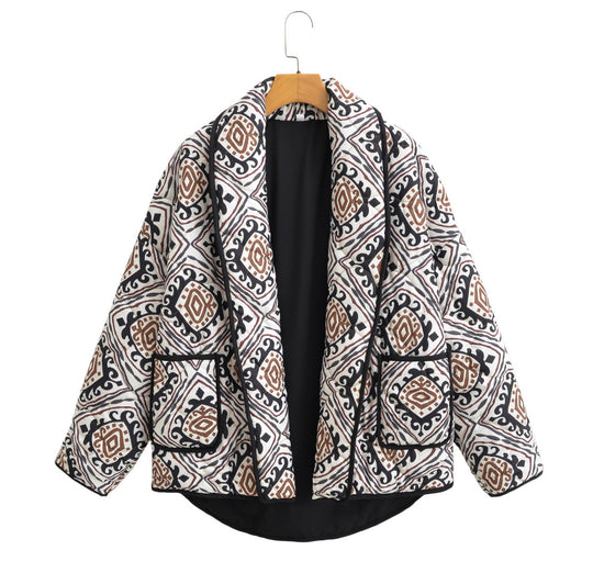 Damen Gesteppte Kimono-Jacke mit Ethno-Print, Kontrastpaspel und aufgesetzten Taschen Nord Taschen