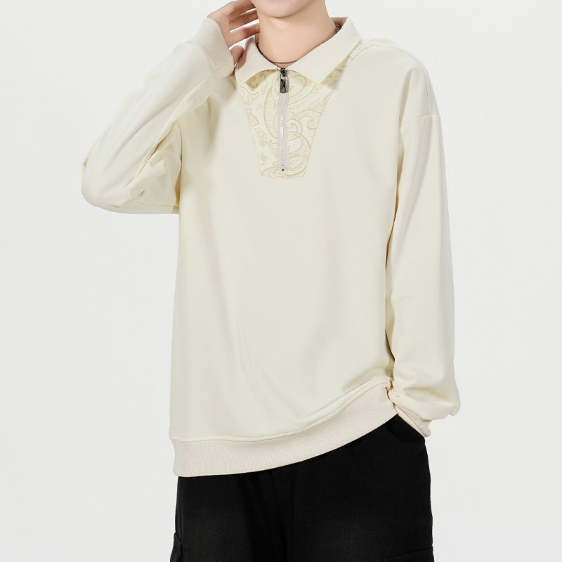 Herren Lockeres Sweatshirt mit Polokragen, halbem Reißverschluss und Paisley-Besatz Nord Taschen