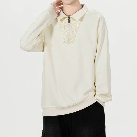 Herren Lockeres Sweatshirt mit Polokragen, halbem Reißverschluss und Paisley-Besatz Nord Taschen