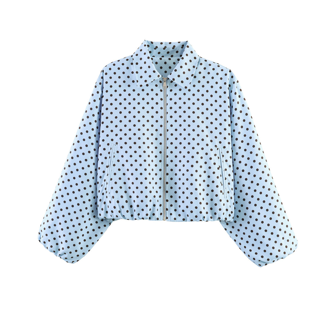 Damen Kurzjacke im Harrington‑Stil mit Polka‑Dot‑Muster, Ballonärmeln und elastischem Saum Nord Taschen