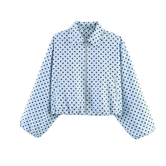 Damen Kurzjacke im Harrington‑Stil mit Polka‑Dot‑Muster, Ballonärmeln und elastischem Saum Nord Taschen