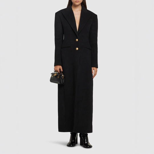 Damen Maxi-Mantelkleid mit markanter Schulterpartie und goldenen Zierknöpfen Nord Taschen