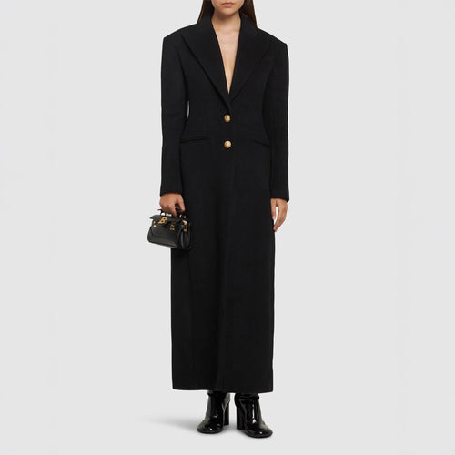 Damen Maxi-Mantelkleid mit markanter Schulterpartie und goldenen Zierknöpfen Nord Taschen