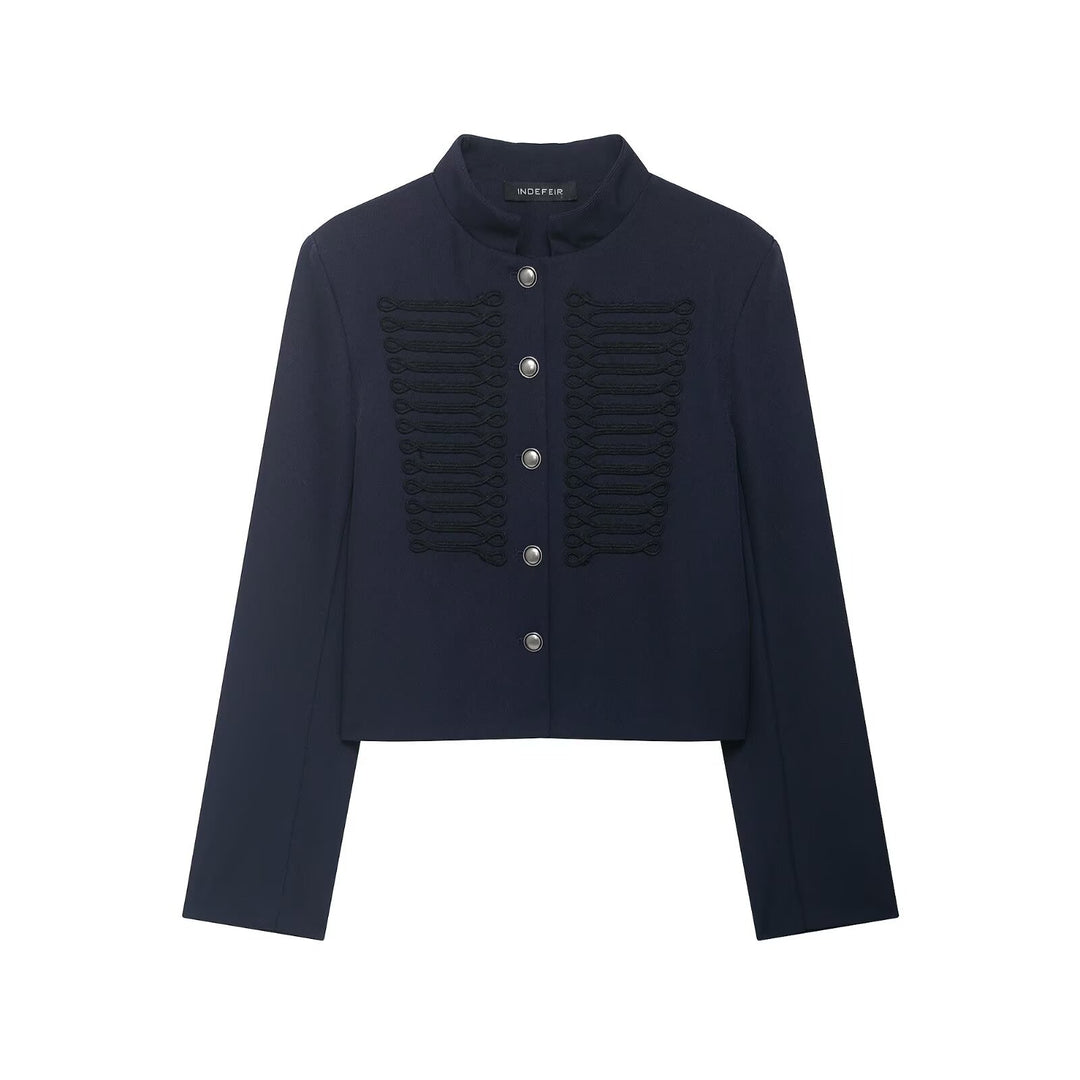Damen Kurze Military Jacke mit Stehkragen, Zierkordeln und Metallknopfleiste Nord Taschen