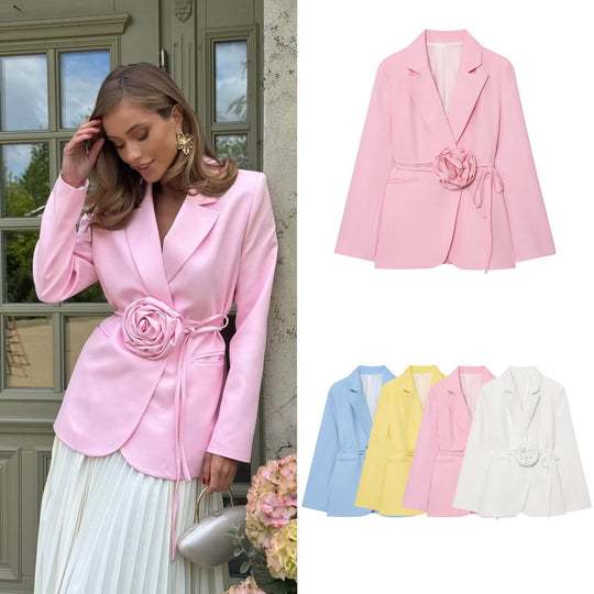 Damen Taillierter Blazer mit Deko‑Rosen‑Gürtel und Reverskragen Nord Taschen