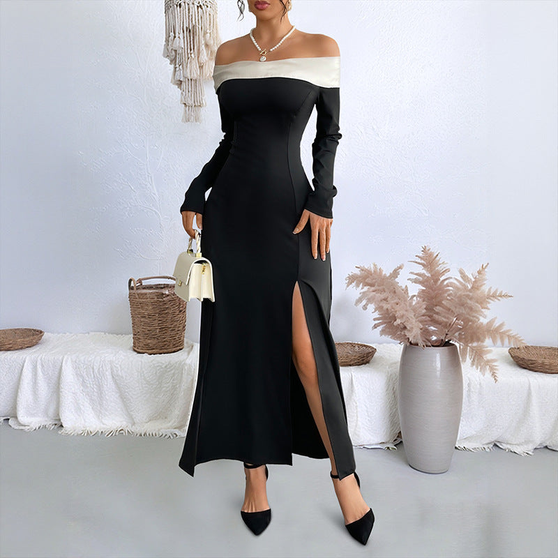 Damen Elegantes Off-Shoulder Maxikleid mit Rüschen und Hohem Schlitz Nord Taschen