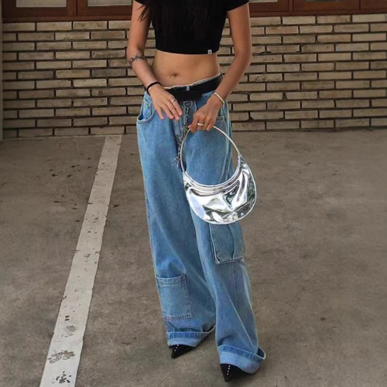 Damen Extraweite Baggy-Jeans mit Cargo-Patches und tiefem Bund Nord Taschen