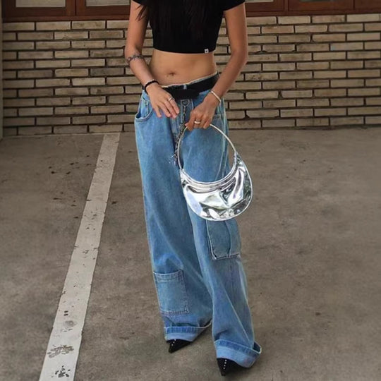 Damen Extraweite Baggy-Jeans mit Cargo-Patches und tiefem Bund Nord Taschen