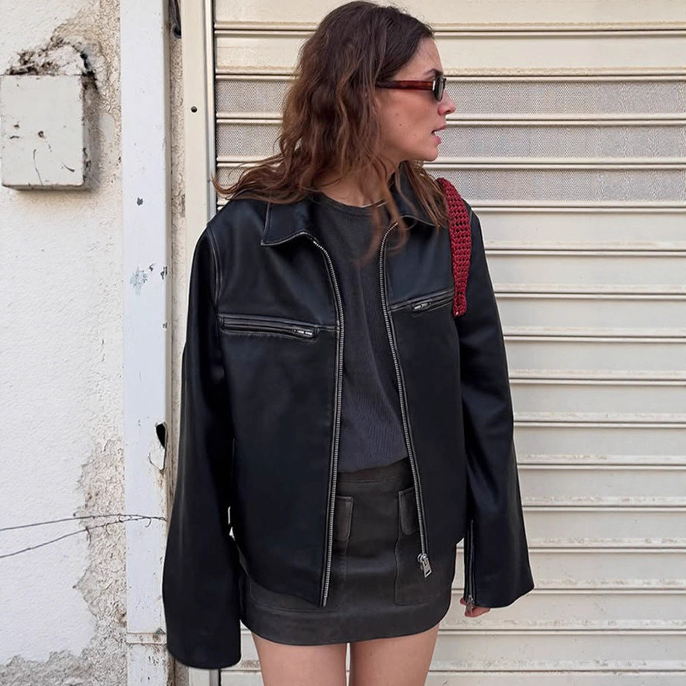 Damen Boxy-Lederimitatjacke mit zweifachem Reißverschluss und Brustzippern Nord Taschen