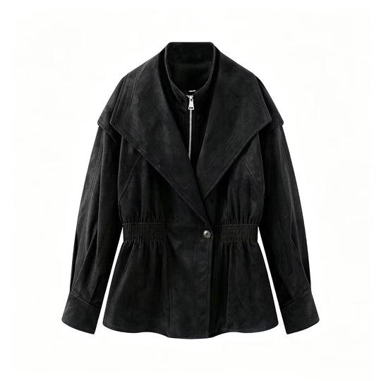 Damen Taillierte Jacke in Wildlederoptik mit großem Schalkragen, Reißverschluss und geraffter Taille Nord Taschen