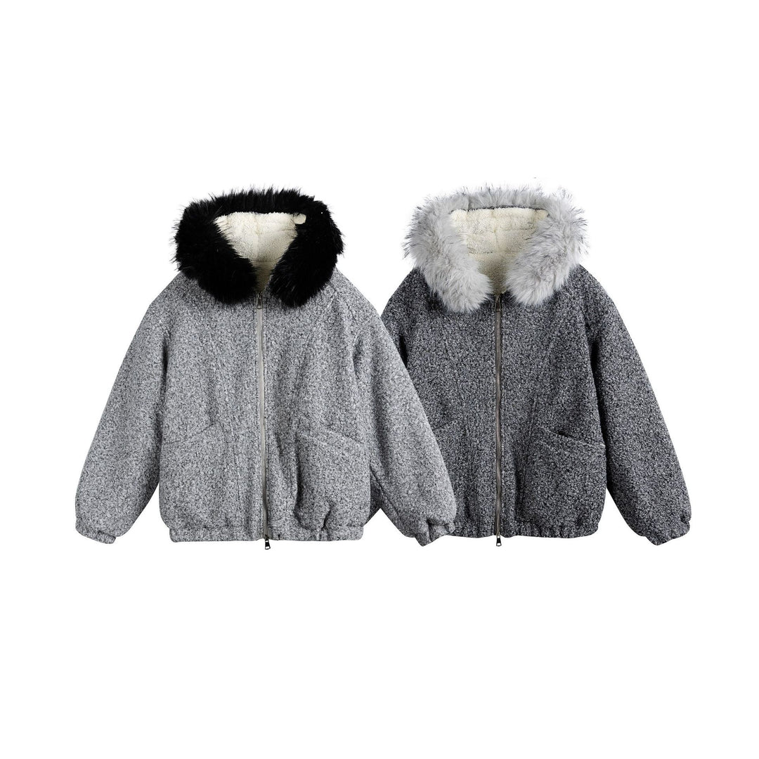 Damen Bouclé-Blousonjacke mit voluminösem Faux-Fur-Kragen und Thermofutter Nord Taschen