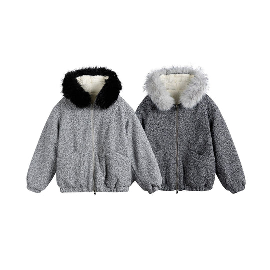 Damen Bouclé-Blousonjacke mit voluminösem Faux-Fur-Kragen und Thermofutter Nord Taschen