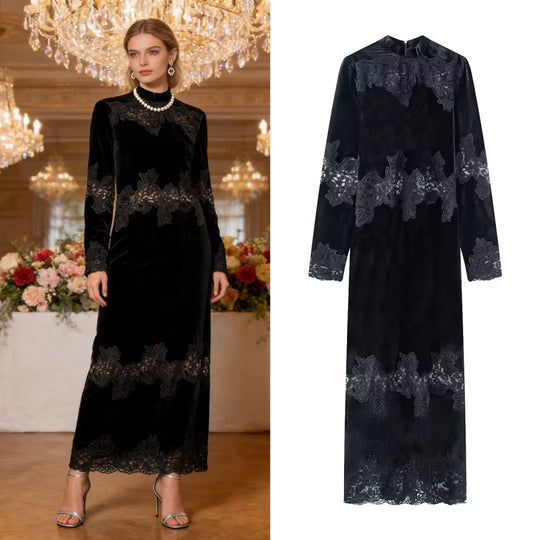 Damen Samt-Maxikleid mit Spitzenbesatz, Stehkragen und langen Ärmeln Nord Taschen