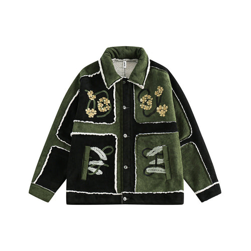Unisex Patchwork-Lammfelloptik Jacke mit Blumenstickerei Nord Taschen