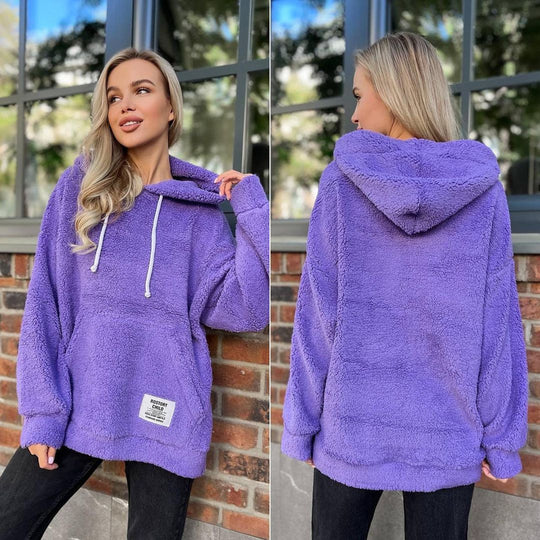 Damen Kuscheliger Teddy-Hoodie mit Kapuze, Kängurutasche und Oversize-Schnitt Nord Taschen
