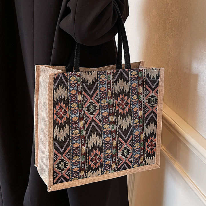 Damen Jute-Tragetasche mit kunstvollem Ethno-Muster Nord Taschen