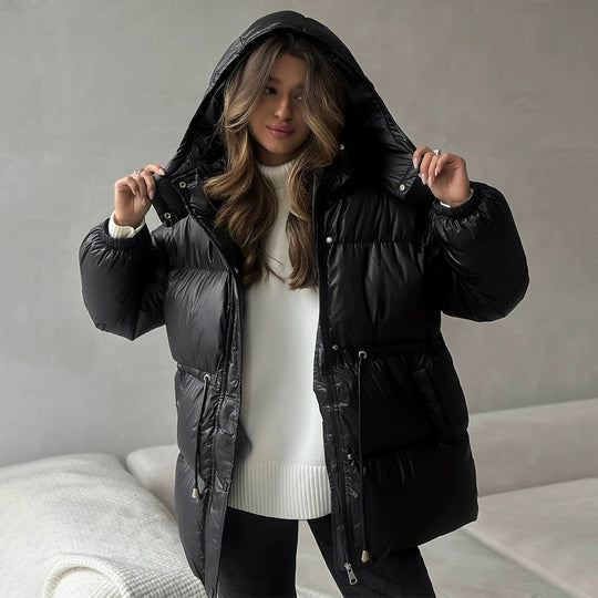 Damen gesteppte Steppjacke mit Taillenzug und Kapuze Nord Taschen