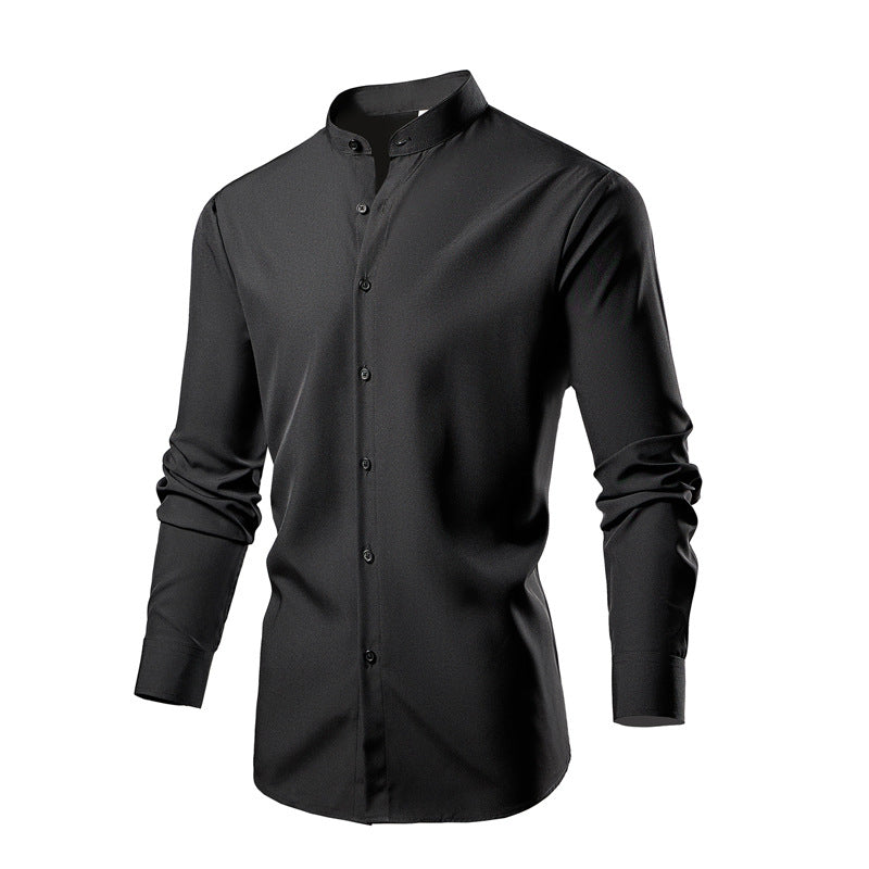Herren elegantes Langarmhemd mit stehendem Kragen und modernen Knopfdetails