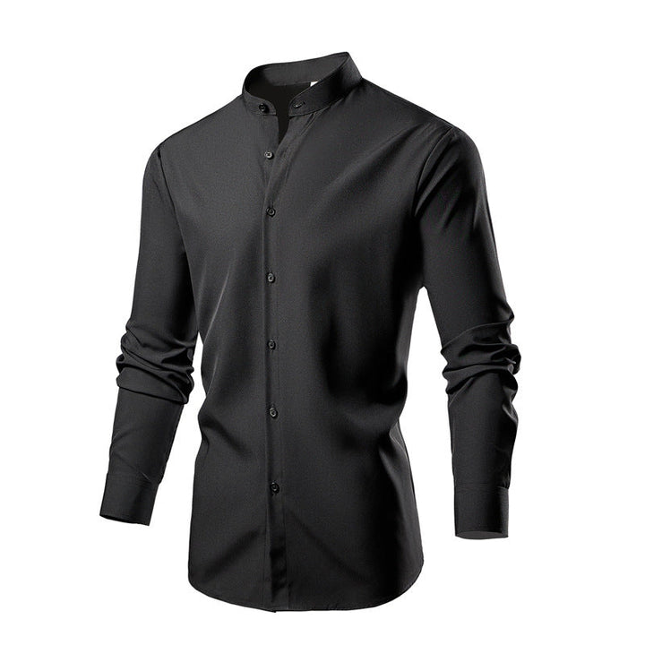 Herren elegantes Langarmhemd mit stehendem Kragen und modernen Knopfdetails