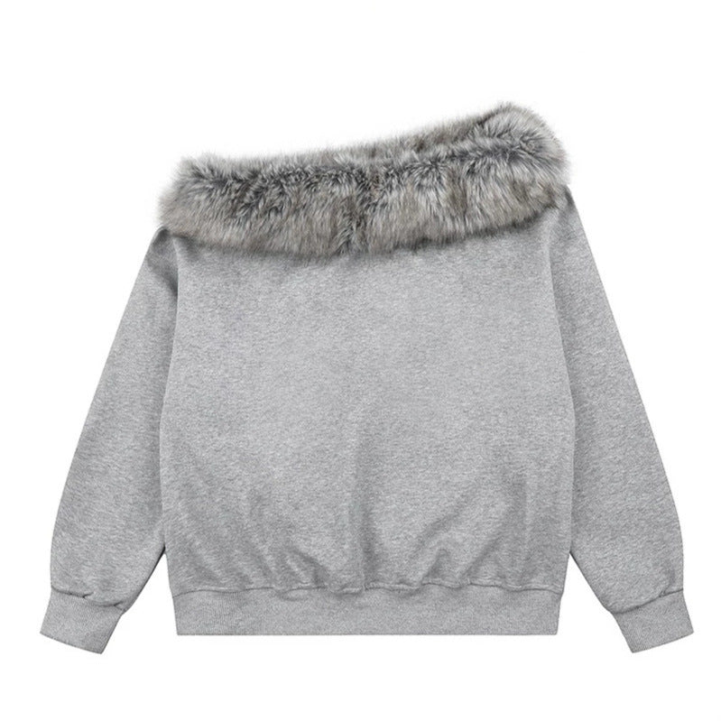Damen Off-Shoulder Sweatshirt mit Fake-Fur-Kragen, Relaxed-Fit und Vintage-Flaggenprint Nord Taschen