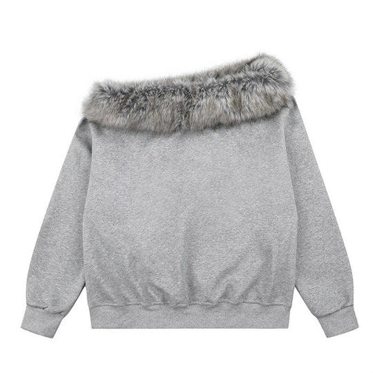 Damen Off-Shoulder Sweatshirt mit Fake-Fur-Kragen, Relaxed-Fit und Vintage-Flaggenprint Nord Taschen