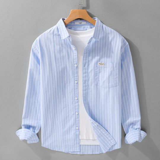Herren Gestreiftes Layering-Overshirt aus softem Baumwollmix mit Kentkragen und aufgesetzter Brusttasche Nord Taschen