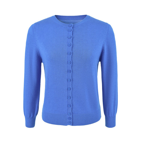 Damen Fein gestrickte Rundhals-Strickjacke mit Knopfleiste und Rippbündchen Nord Taschen