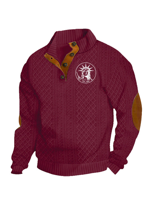 Herren nan Heritage-Strukturpullover mit Stehkragen Lederimitat-Besatz Ellenbogen-Patches und Halbknopfleiste