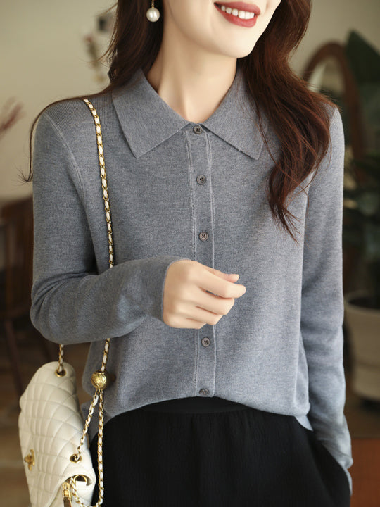 Damen Leichter Feinstrick-Cardigan mit Polokragen und durchgehender Knopfleiste Nord Taschen