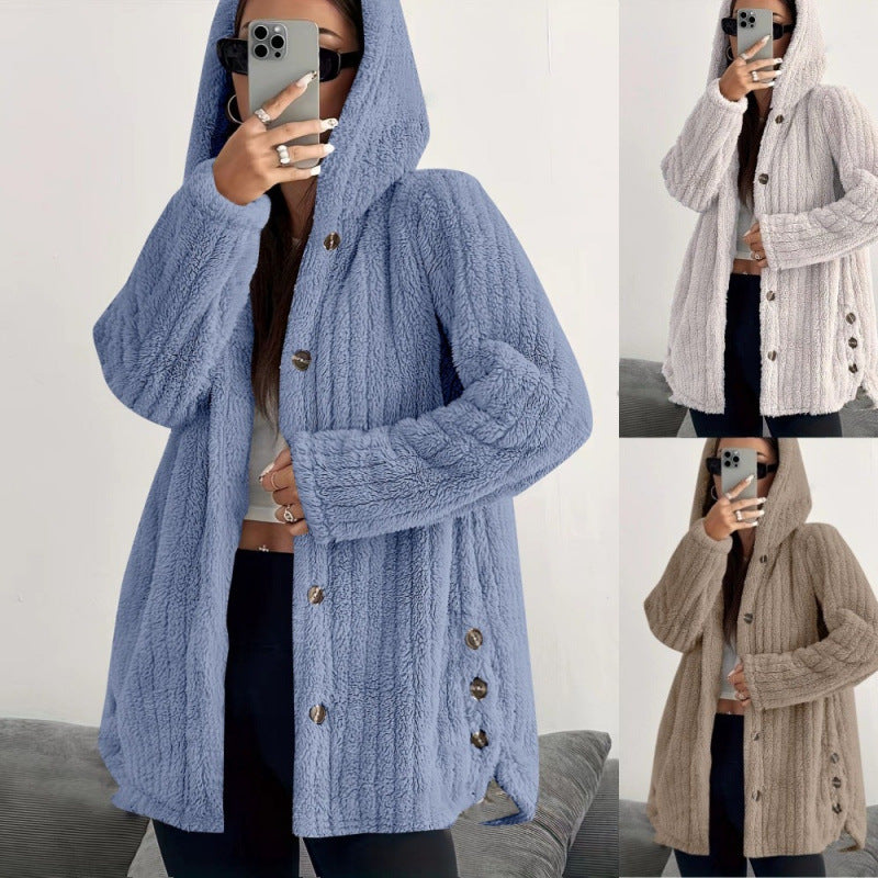 Damen Kapuzen-Teddy-Mantel mit Knopfleiste und Oversize-Schnitt Nord Taschen