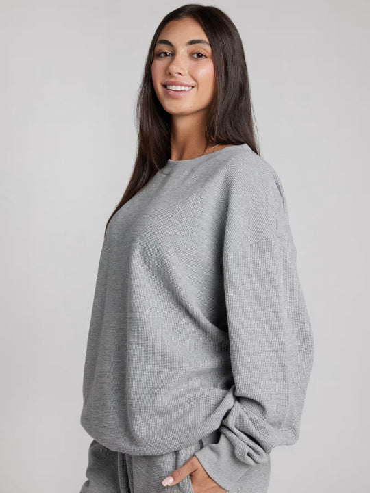 Damen geräumiges Waffelstrick-Loungewear-Set mit Rundhalsausschnitt und Tunnelzughose Nord Taschen
