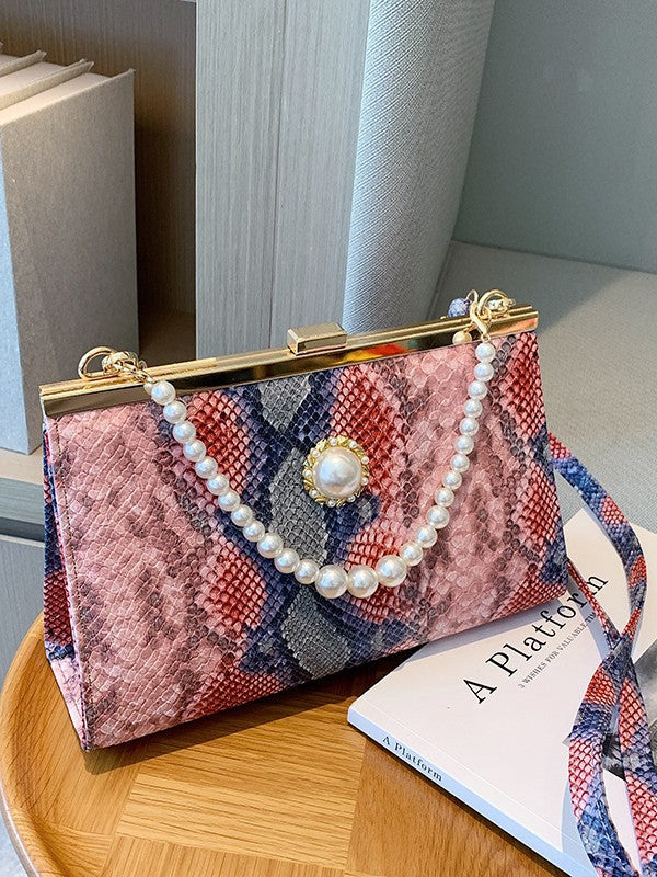 Damen elegante Abendtasche im Schlangenleder-Look mit Perlenakzent Nord Taschen