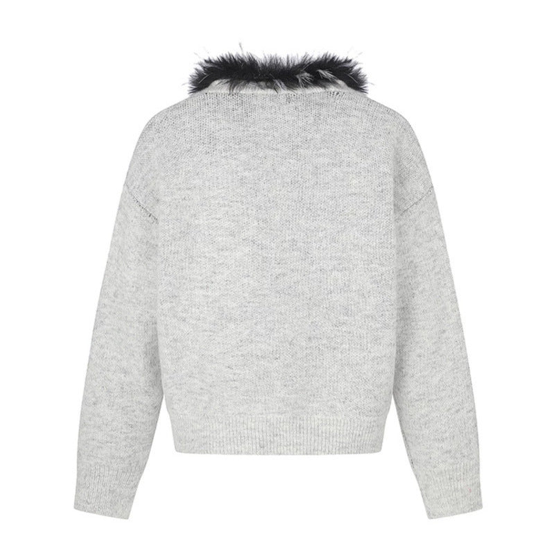 Damen Strickjacke mit Kunstfellkragen und illustrativem Hundemotiv Nord Taschen