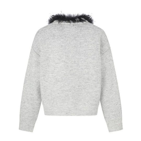 Damen Strickjacke mit Kunstfellkragen und illustrativem Hundemotiv Nord Taschen