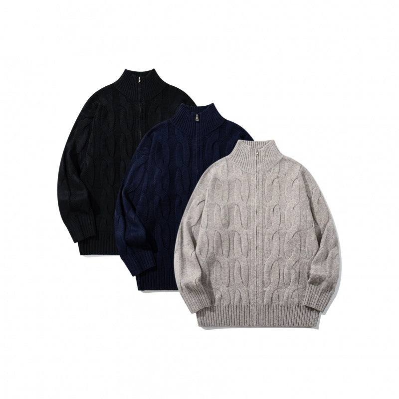 Unisex Grobgestrickter Reißverschluss-Cardigan mit Zopfmuster und hohem Rippkragen Nord Taschen