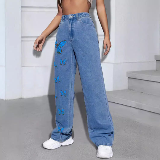 Damen Weite Jeanshose mit Schmetterlings-Print Nord Taschen