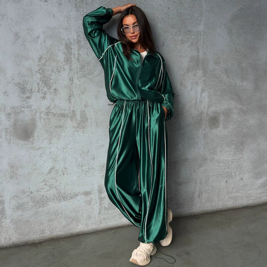 Damen Satin-Trainingsanzug mit Reißverschlussjacke und weiter Gummibund-Hose Nord Taschen