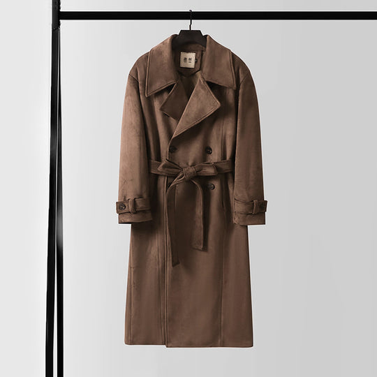 Herren Doppelreihiger Trenchcoat aus Velourslederimitat mit Taillengürtel und weitem Revers Nord Taschen